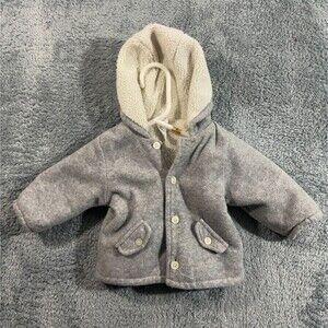 Gap Baby  Fleece Sherpa Lined Gray Button Front Warm Coat 3-6  Month Unisex Hoo